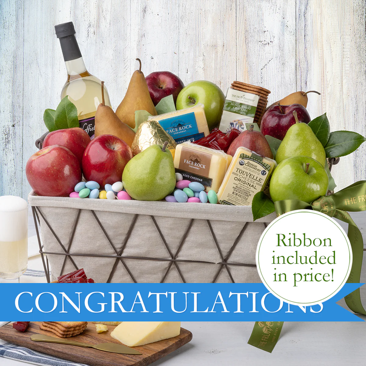 Congratulations Cheese & Fruit Basket with Congratulations Ribbon